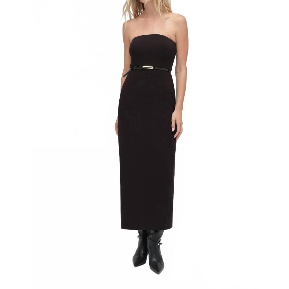 Favorite Daughter Strapless Black Midi Dress with Slim Belt Accent